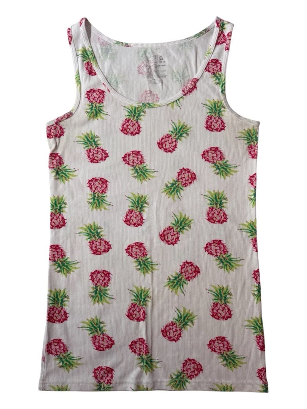 Time and Tru Pineapple Tank Top XL Ribbed Cotton Summer Beach Tropical